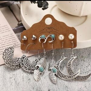 NEW Antiqued Silver Tone Ornate Bohemian Boho Drop Dangle & Stud Earrings Set